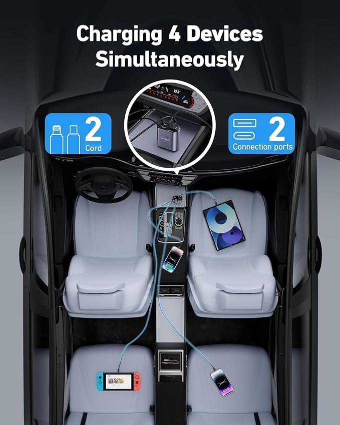 120W Fast Car Charger (2025 New Version) with 80CM Retractable Type-C Charging for 4 Devices – Universal Car Mobile Charger for All Smartphones & Tablets (Car Charger)